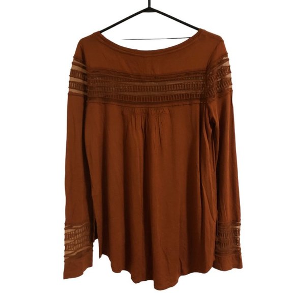 Free People Brown/Orange Mesh Hi-Low Long Sleeve Top - Picture 4 of 6